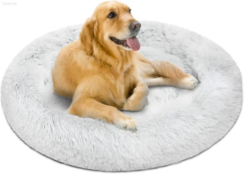 Friends Forever Fluffy Faux Fur Dog Bed - Calming Plush Sofa for Large Dogs, Machine Washable & Non-Slip, 36"x36"x8", Grey
