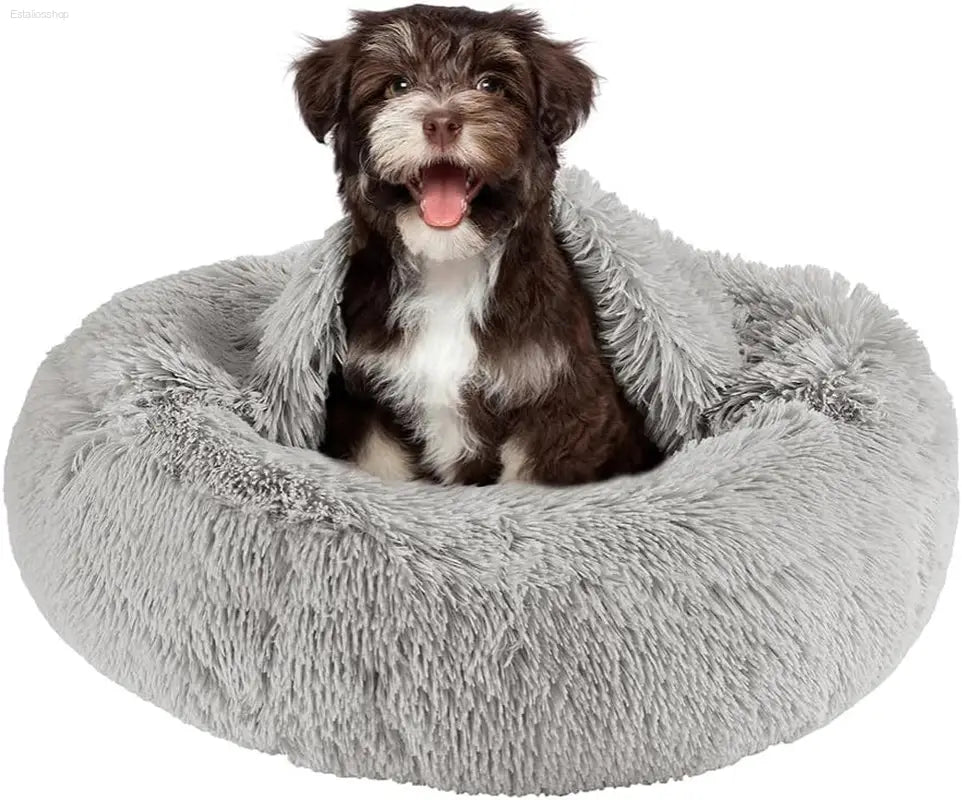 Friends Forever Fluffy Faux Fur Dog Bed - Calming Plush Sofa for Large Dogs, Machine Washable & Non-Slip, 36"x36"x8", Grey