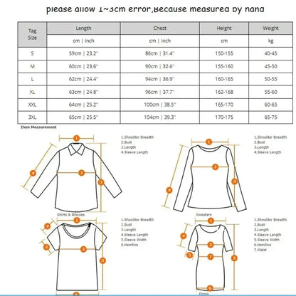 Clothing size chart with diagrams for Funny Cat Women Casual Summer Tee