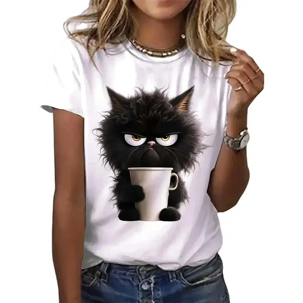 Funny Cat Women Casual Summer Tee featuring a grumpy black cat graphic on a white t-shirt