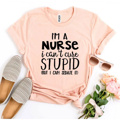 Peach-colored t-shirt with funny nurse slogan inspired by Heather Gray Sold style