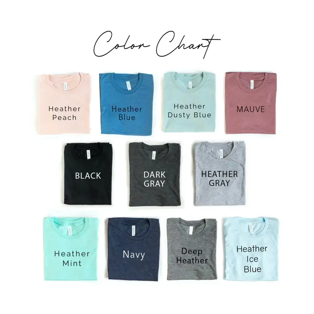 Color chart of folded Fur Mama tees in Heather Navy and other shades