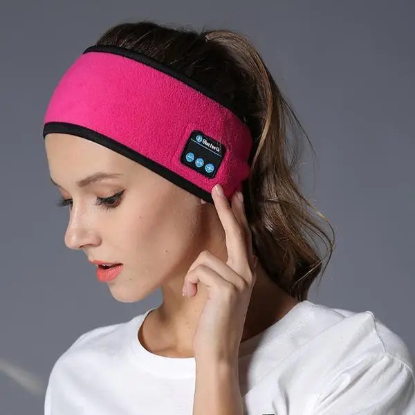 Fuzzy Pink Fitness Yoga Headband, perfect for outdoor fitness with cozy Bluetooth feature