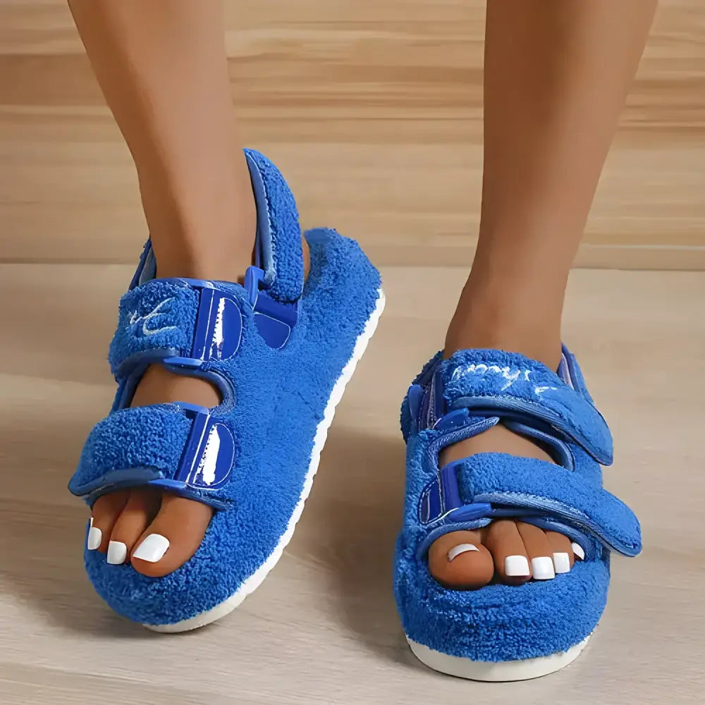 Blue fuzzy platform sandals for comfy summer vibes and awesome shoe deals