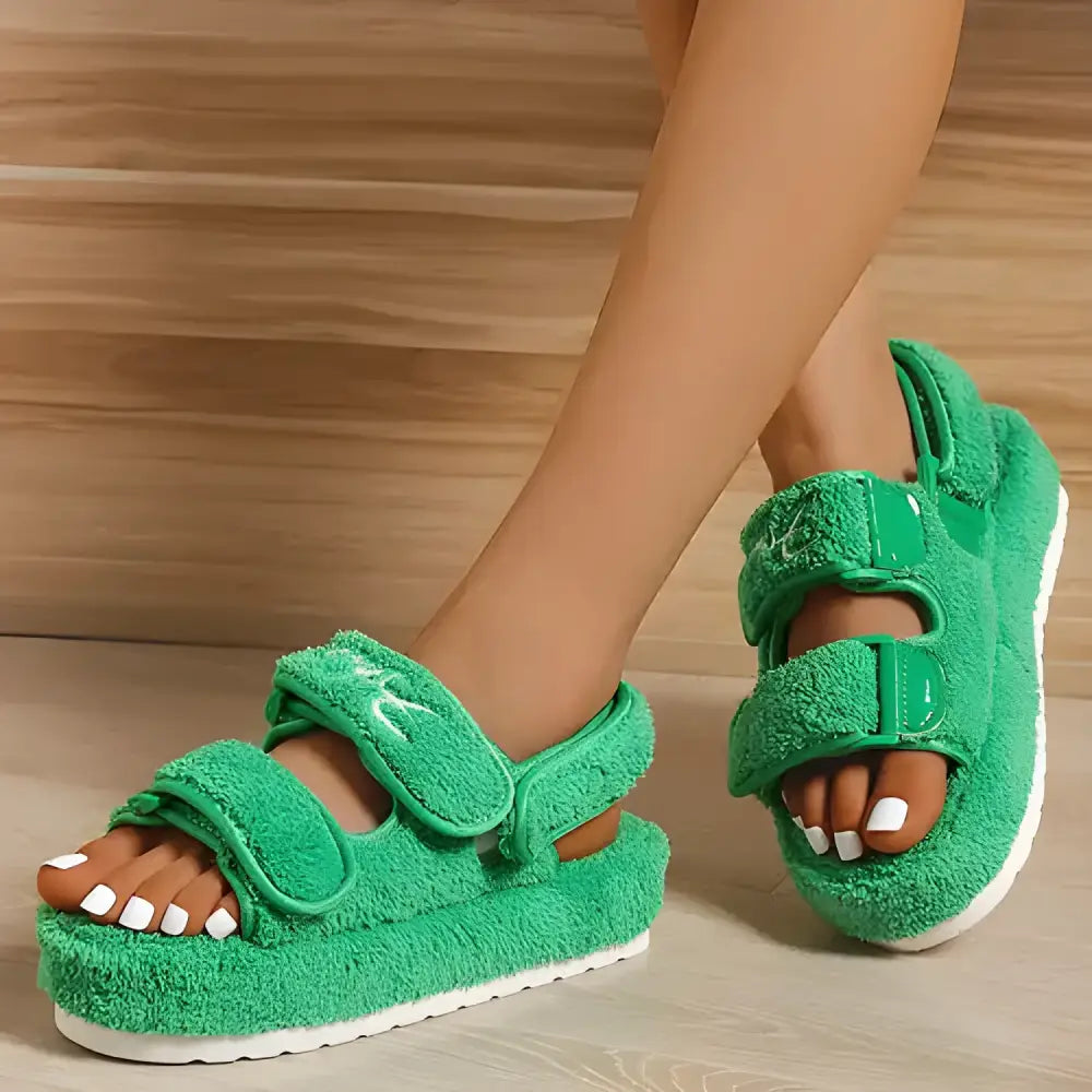 Green fuzzy platform sandals from the Sandals Shoe Deals collection