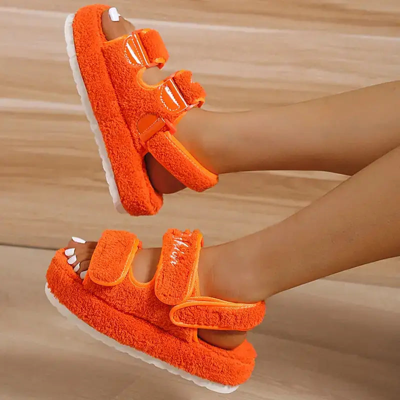 Orange fuzzy platform sandals from Fuzzy Platform Sandals Shoe Deals for a cozy vibe