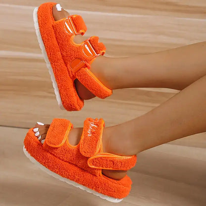 Orange fuzzy platform sandals from Fuzzy Platform Sandals Shoe Deals for a cozy vibe