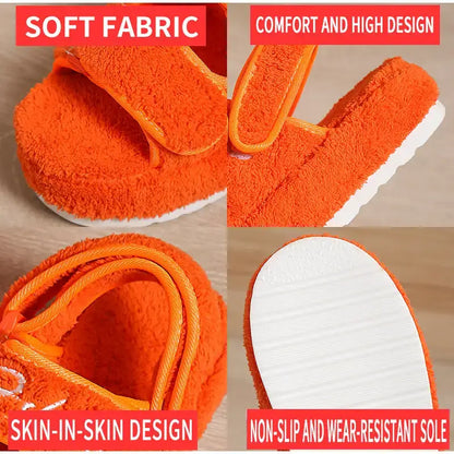 Orange fuzzy platform sandals with white soles, perfect for sweet sandals shoe deals