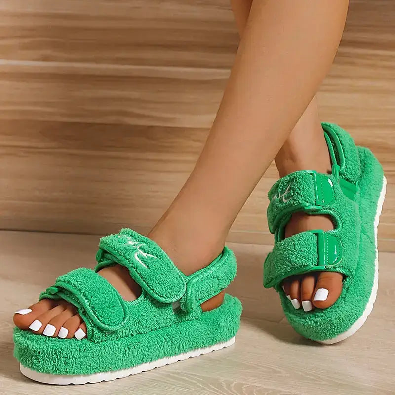 Green fuzzy platform sandals from Sandals Shoe Deals for comfy summer vibes