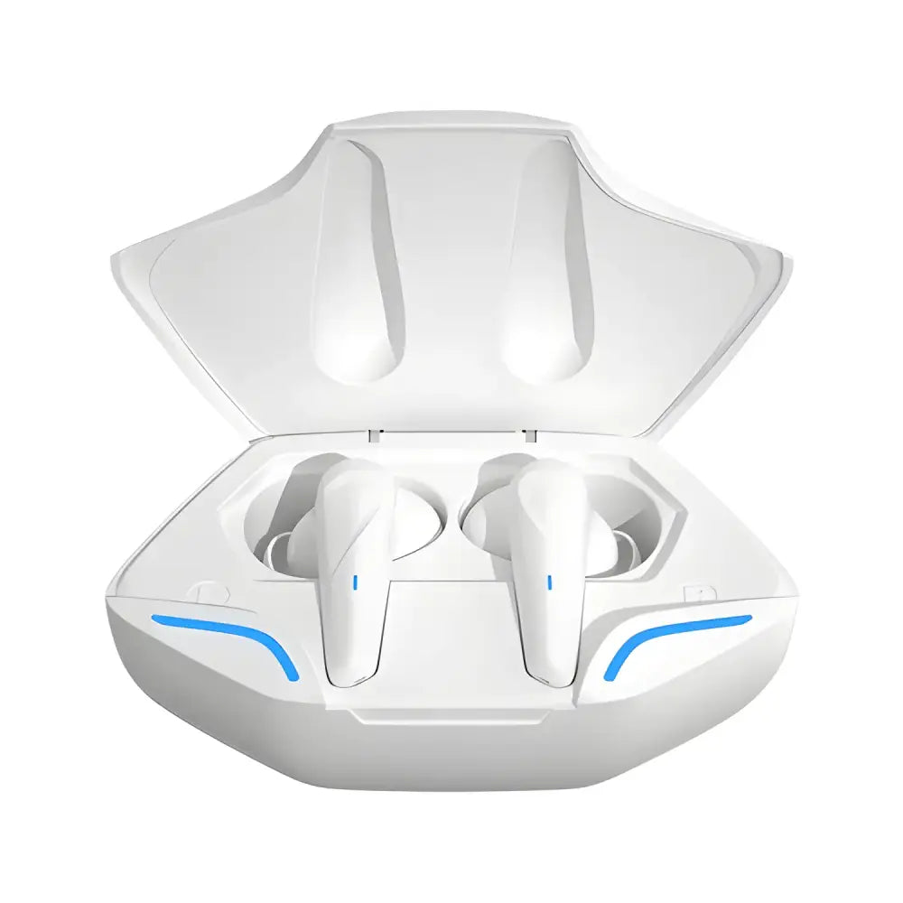 White wireless earbuds in charging case for G11 Bluetooth Headphones, perfect for gaming