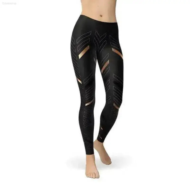 Black leggings with gold chevron pattern.