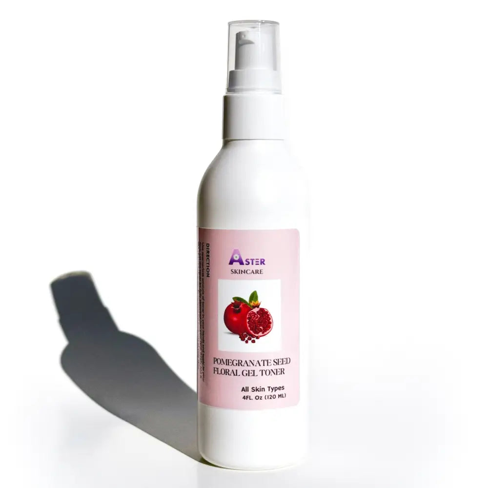 White bottle of pomegranate toner from Get Glowing for brightening and lifting skin