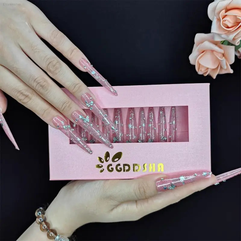 2025 Luxury Handmade Press-On Acrylic Nails Kit - 10PCS Gilded Flutter Design with Elegant Gift Box for Women