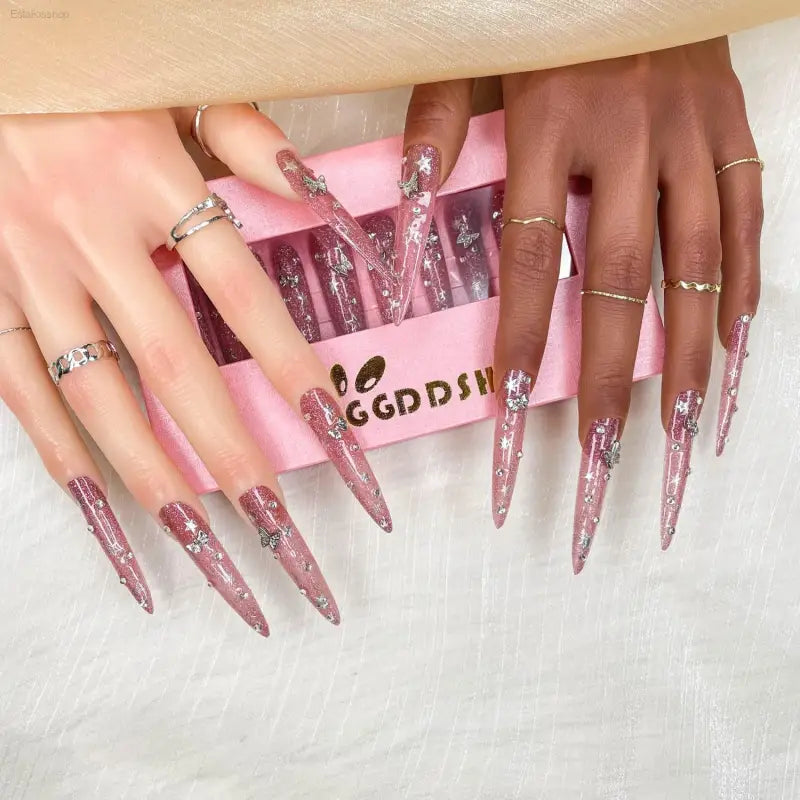 2025 Luxury Handmade Press-On Acrylic Nails Kit - 10PCS Gilded Flutter Design with Elegant Gift Box for Women