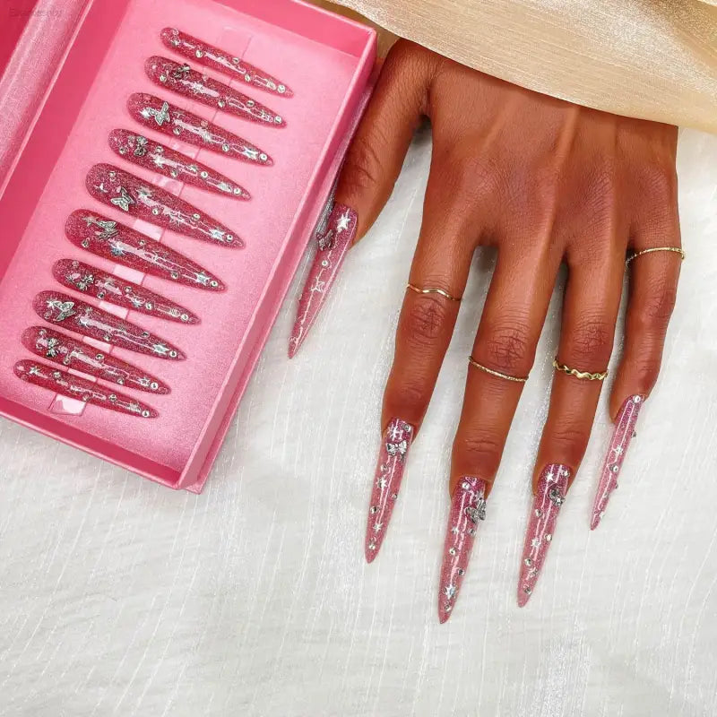 2025 Luxury Handmade Press-On Acrylic Nails Kit - 10PCS Gilded Flutter Design with Elegant Gift Box for Women