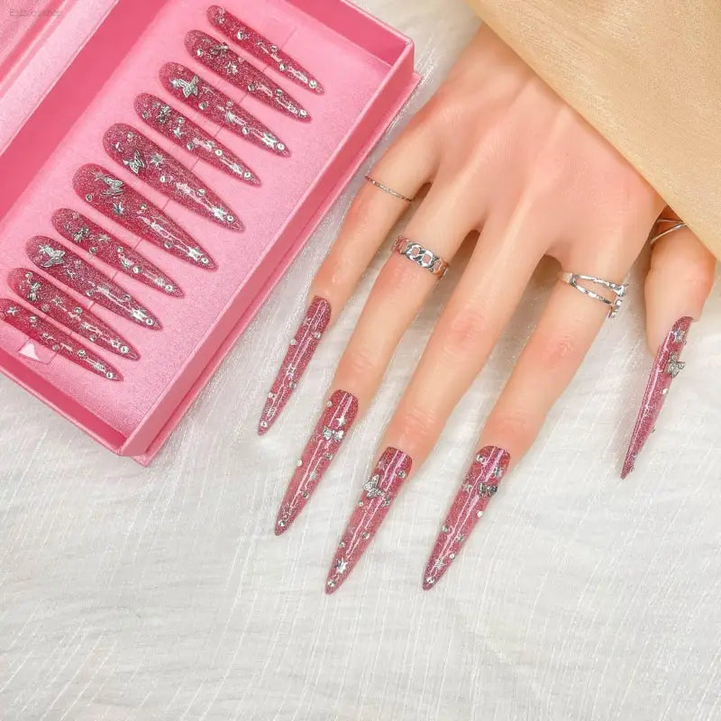 2025 Luxury Handmade Press-On Acrylic Nails Kit - 10PCS Gilded Flutter Design with Elegant Gift Box for Women