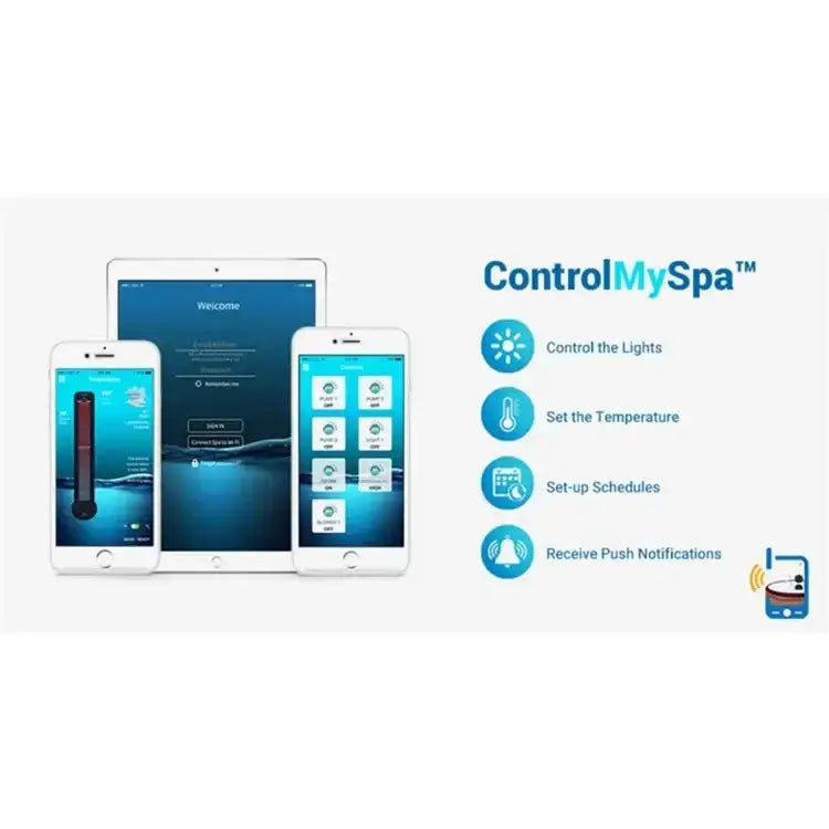 Spa control app on Glow Tub White Outdoor LED Bathtub showcased on multiple devices