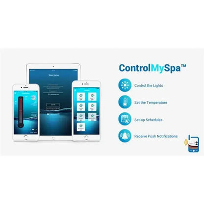 Spa control app on Glow Tub White Outdoor LED Bathtub showcased on multiple devices