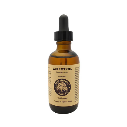 Amber glass bottle of Carrot Carrier Oil, perfect for glowing mature skin care