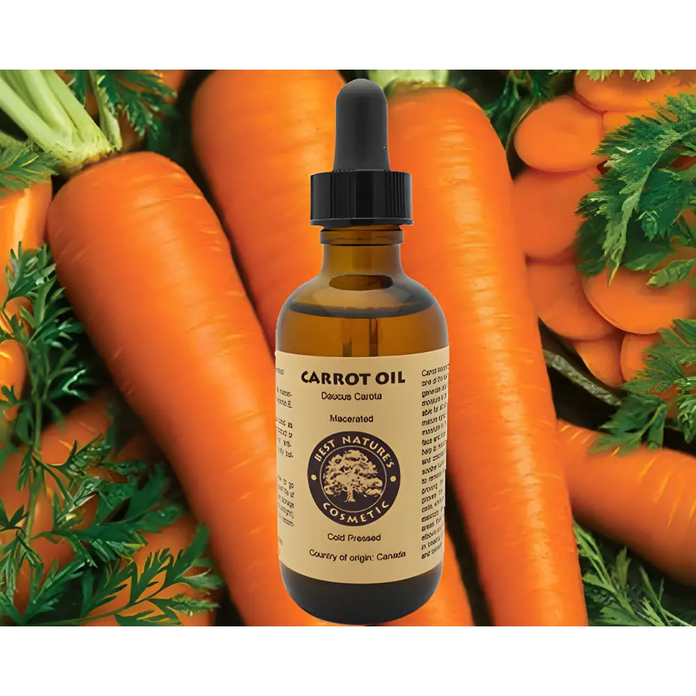 Carrot oil in a brown dropper bottle for nourishing mature skin with carrot carrier oil