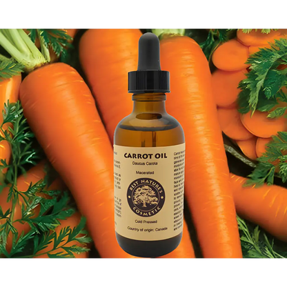 Carrot oil in a brown dropper bottle for nourishing mature skin with carrot carrier oil