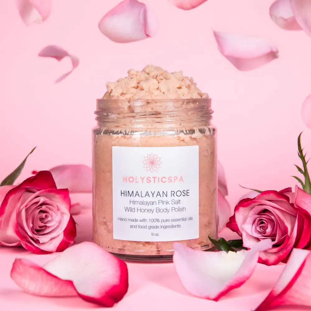 Jar of Himalayan Rose Body Polish featuring Himalayan pink salt and rose essential oil