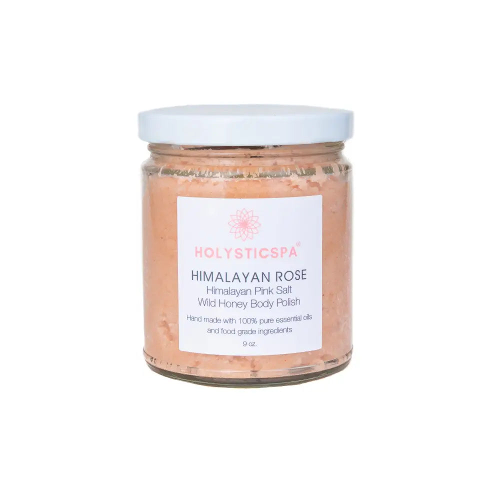 Himalayan Rose Body Polish in a glass jar for glowing skin with rose essential oil exfoliant