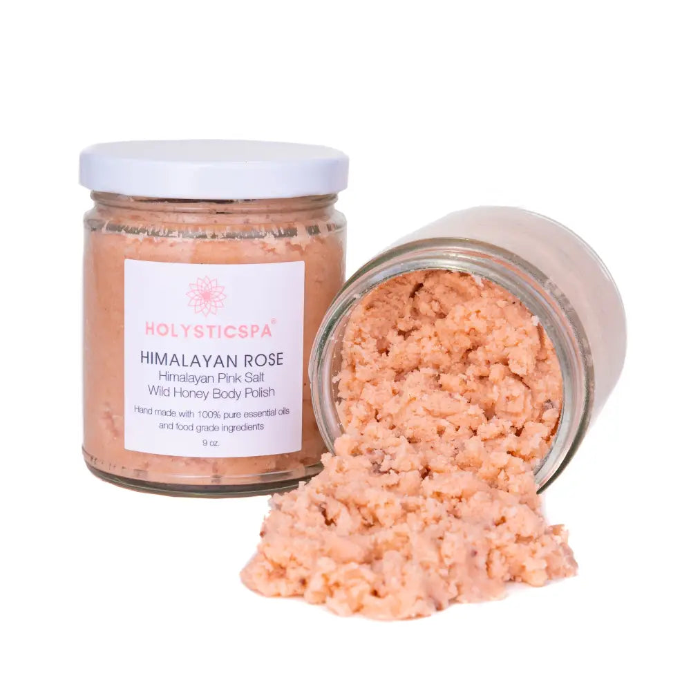 Himalayan Rose Body Polish in glass jars, perfect Himalayan pink salt body scrub combo