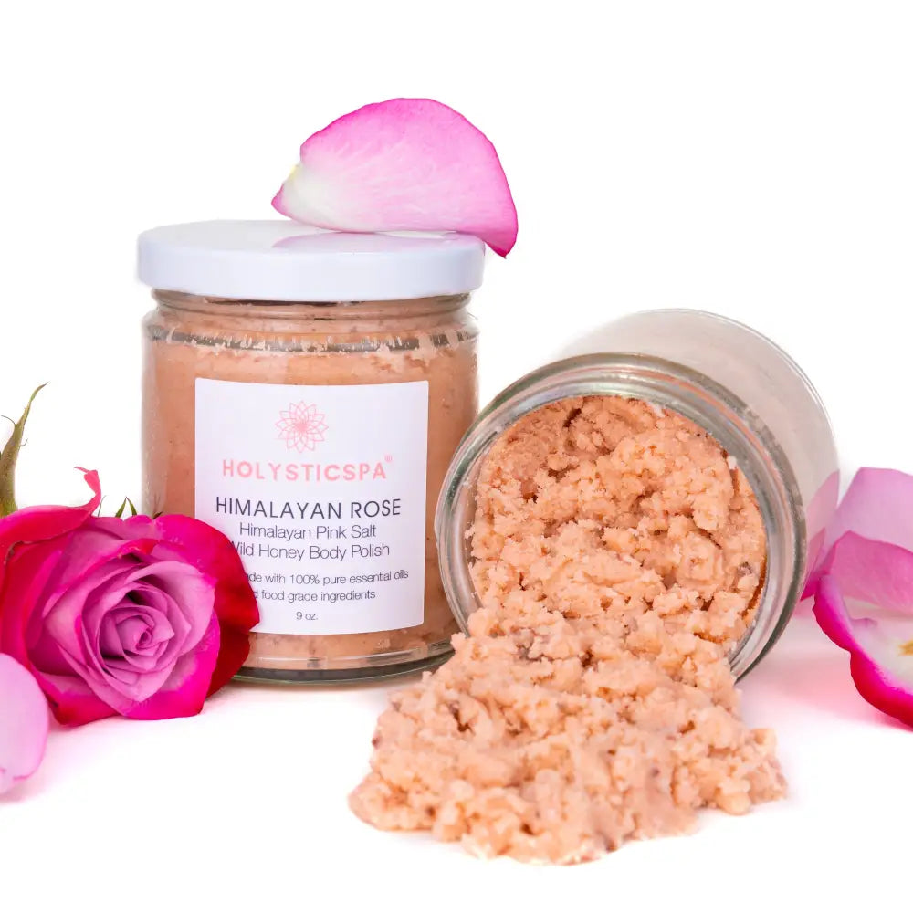 Himalayan Rose Body Polish in glass jars, perfect for a refreshing scrub with rose essential oil