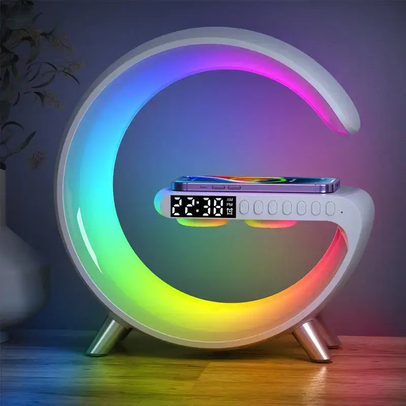 Rainbow G-shaped lamp with wireless charger alarm and digital clock in GlowC design