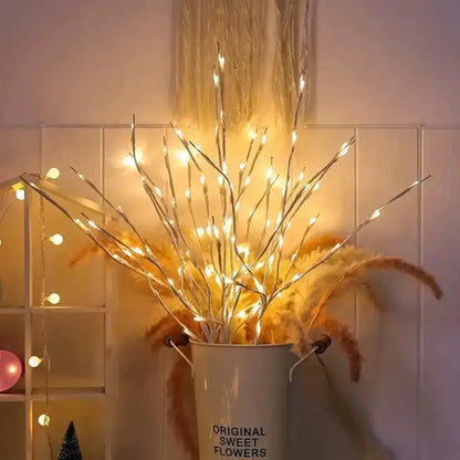 Illuminated white birch branch light in a bucket for cozy decor vibes