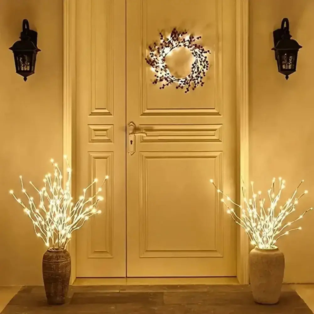 Illuminated front door decor with Glowing White Birch Branch Lights for cozy vibes