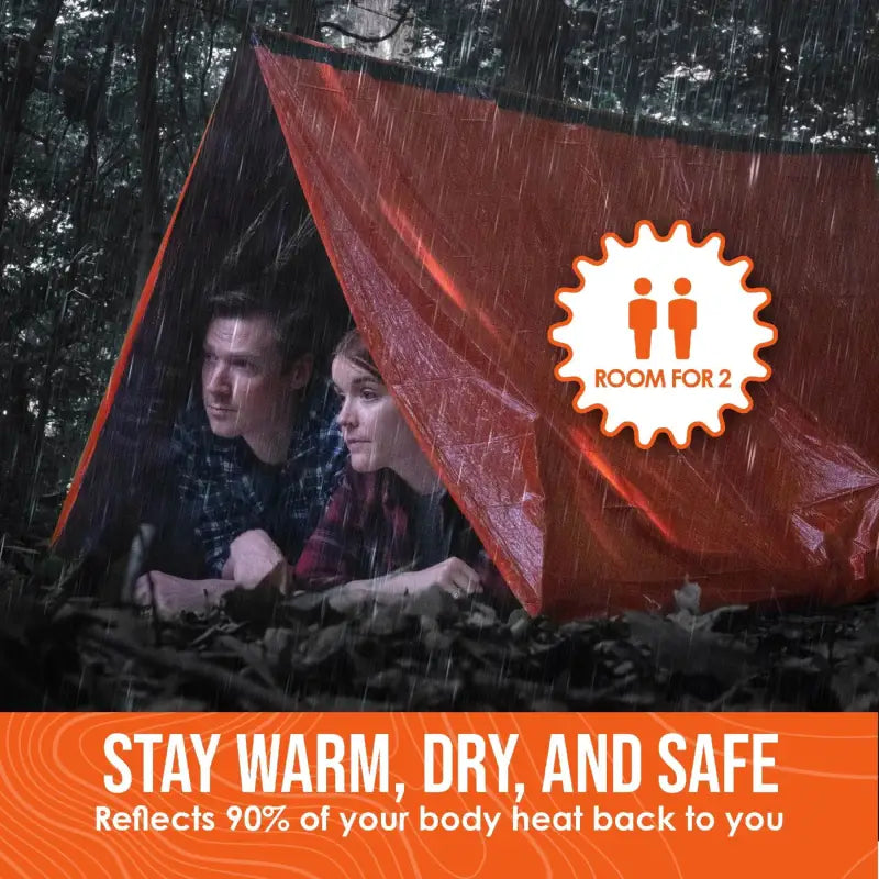 Go Time Gear 2-Person Emergency Survival Tent - Waterproof, Windproof & Thermal with Whistle, Paracord, Lightweight Stuff Sack - Bright Orange - Estalios