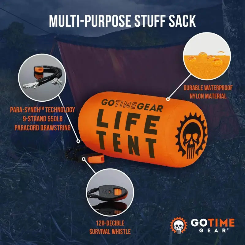 Go Time Gear 2-Person Emergency Survival Tent - Waterproof, Windproof & Thermal with Whistle, Paracord, Lightweight Stuff Sack - Bright Orange - Estalios