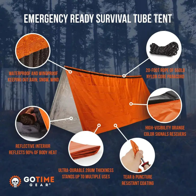 Go Time Gear 2-Person Emergency Survival Tent - Waterproof, Windproof & Thermal with Whistle, Paracord, Lightweight Stuff Sack - Bright Orange - Estalios