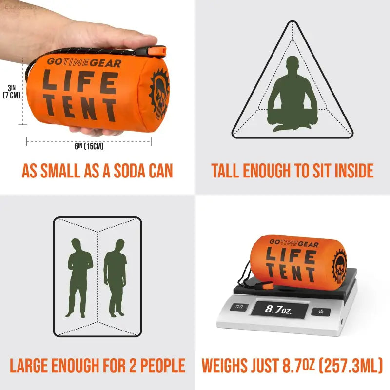 Go Time Gear 2-Person Emergency Survival Tent - Waterproof, Windproof & Thermal with Whistle, Paracord, Lightweight Stuff Sack - Bright Orange - Estalios