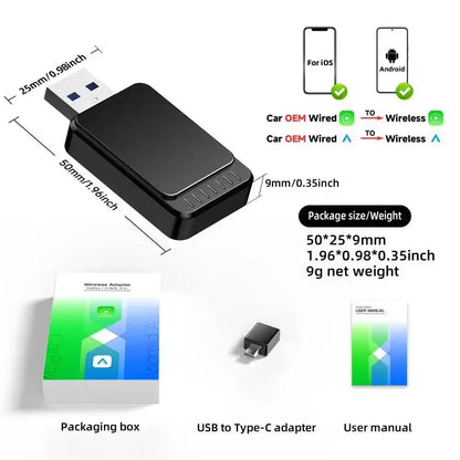 Black wireless adapter with USB for easy Wireless CarPlay and Android Auto connection