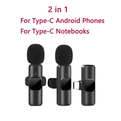 Black wireless lavalier microphone with Type-C connector for portable audio use