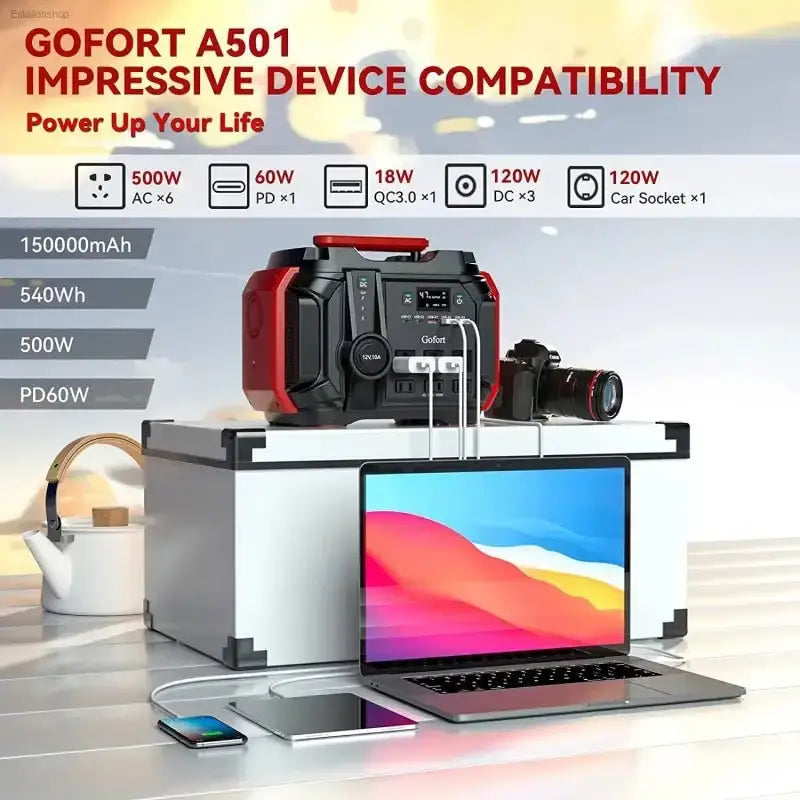 GOFORT Portable Power Station with 540Wh Capacity and 6 AC Outlets for Outdoor RV and Van Camping - EstaliosShop