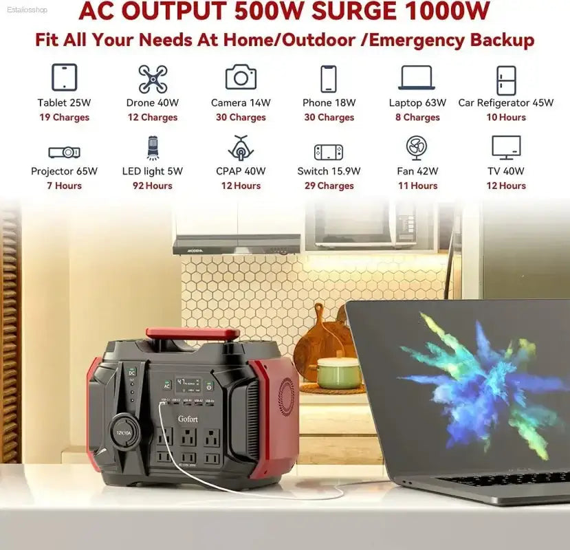 GOFORT Portable Power Station with 540Wh Capacity and 6 AC Outlets for Outdoor RV and Van Camping - EstaliosShop
