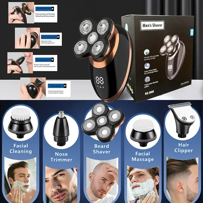 Men’s electric Gold 5-Head Shaver for bald head, including clipper and nose trimmer attachments