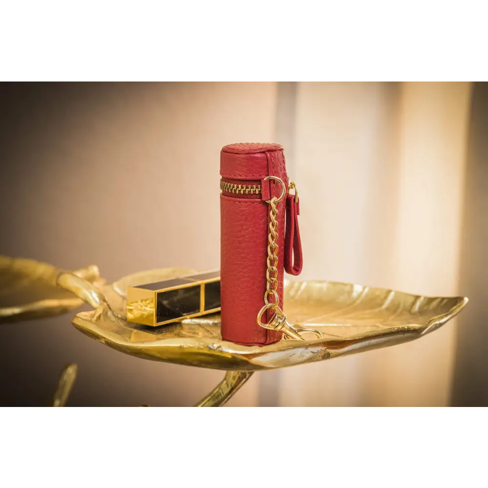 Red leather lipstick case with gold zipper, the perfect lipstick keeper in pebble leather