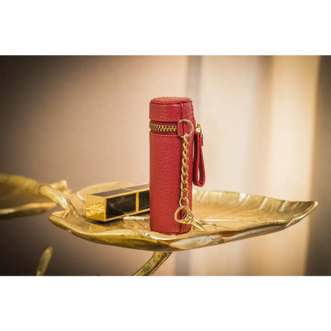 Gold Accented Pebble Leather Holds Lipstick