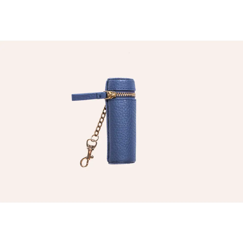 Blue zippered pouch with gold chain is the perfect lipstick keeper in pebble leather