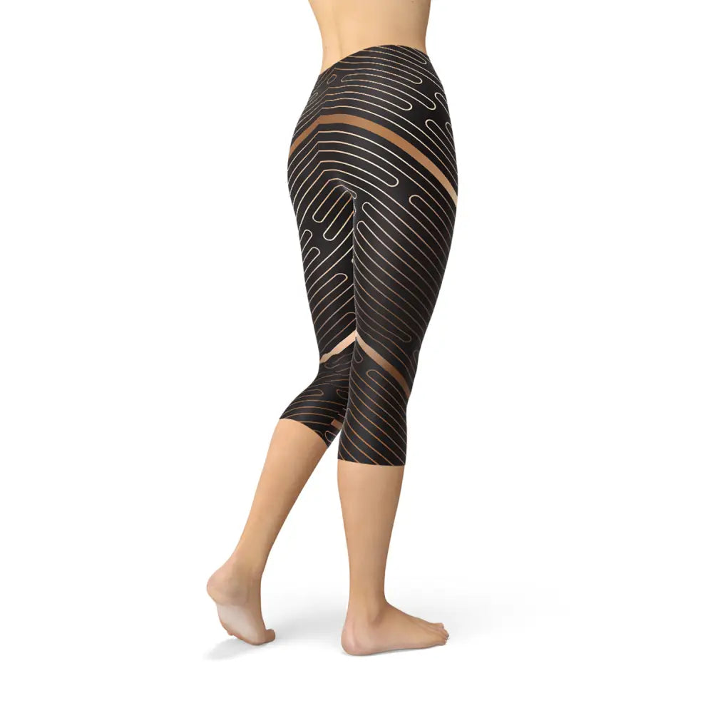 Stylish Gold Black Striped Sports Capris with trendy womens striped lines design