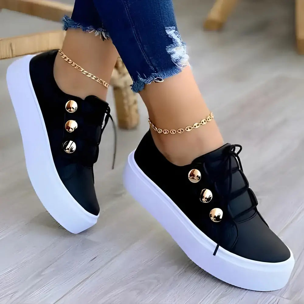 Black platform sneakers with gold buttons, perfect light breathable female running shoes