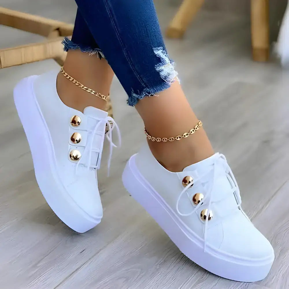 Light breathable female running shoes, White platform sneakers with gold buttons