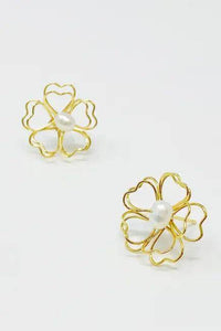 Gold Flower Freshwater Pearl Earrings with Heart Petals Elegance - Estalios
