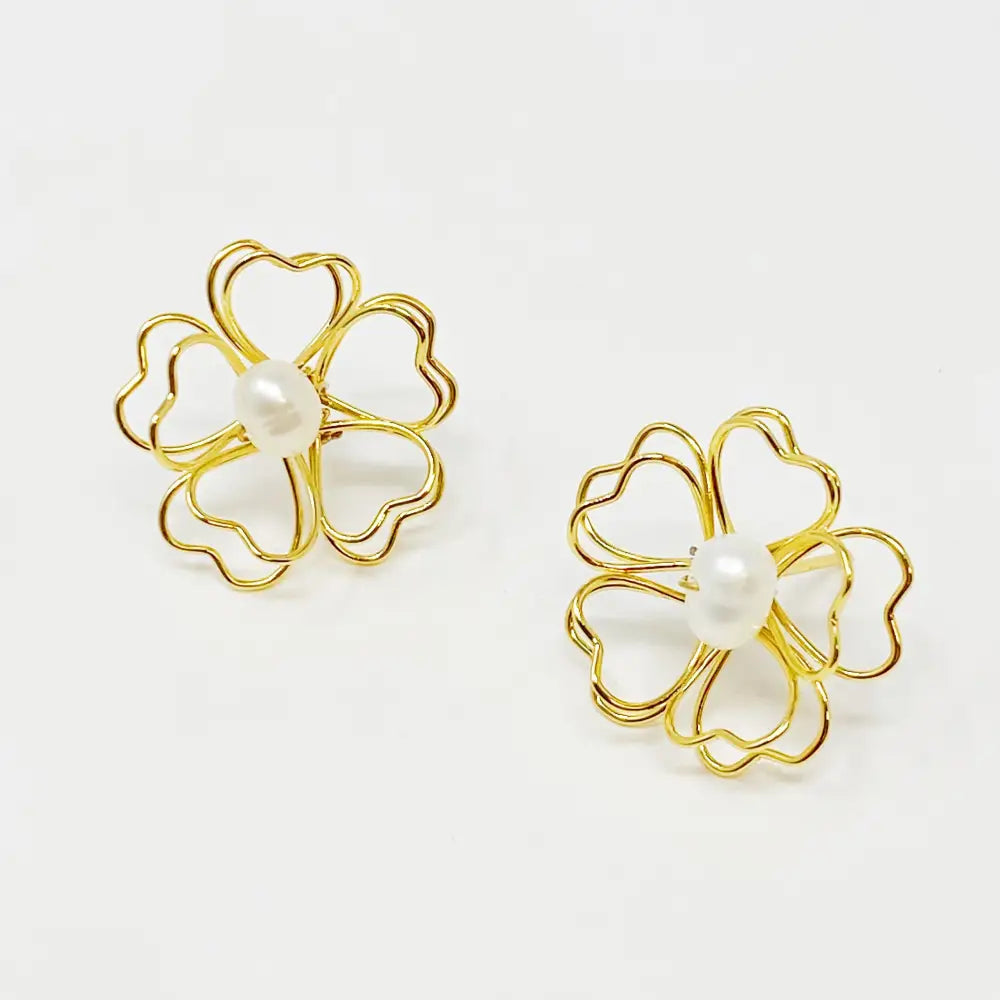 Gold Flower Pearl Earrings with Freshwater Pearl Centers and Heart Petals Design