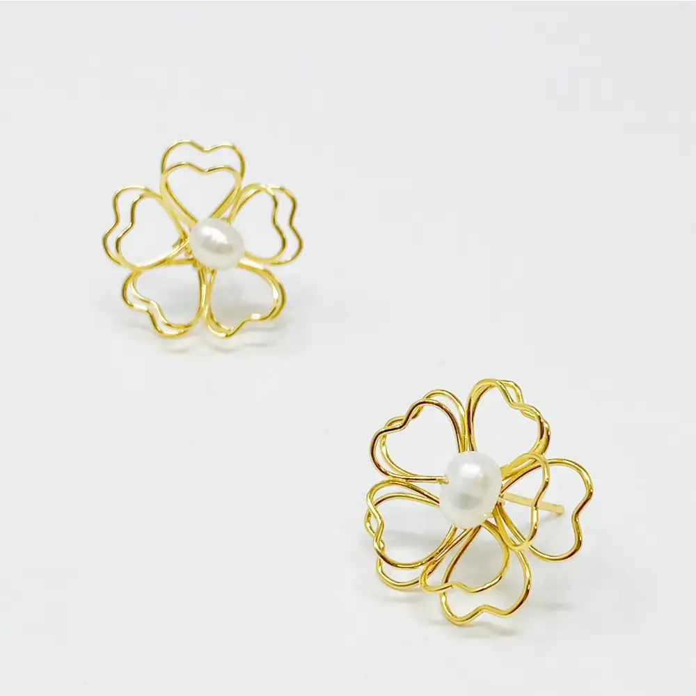 Gold Flower Pearl Earrings Heart Petals featuring freshwater pearls and floral design